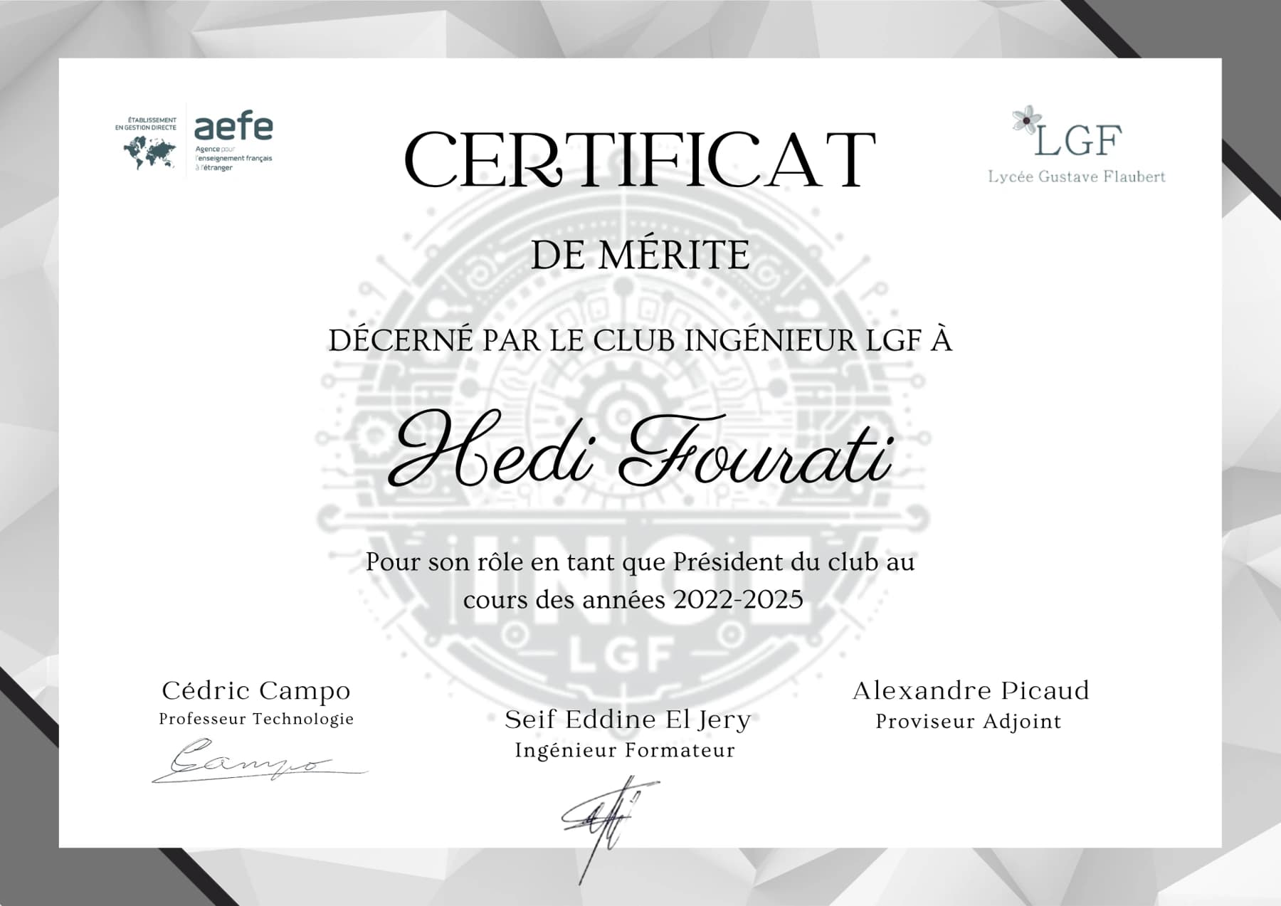 Engineering Club LGF certificate of merit recognizing Hedi Fourati’s presidency from 2022 to 2025