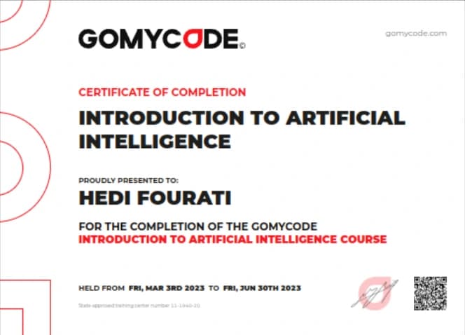 GOMYCODE certificate of completion in Introduction to Artificial Intelligence for Hedi Fourati, March to June 2023