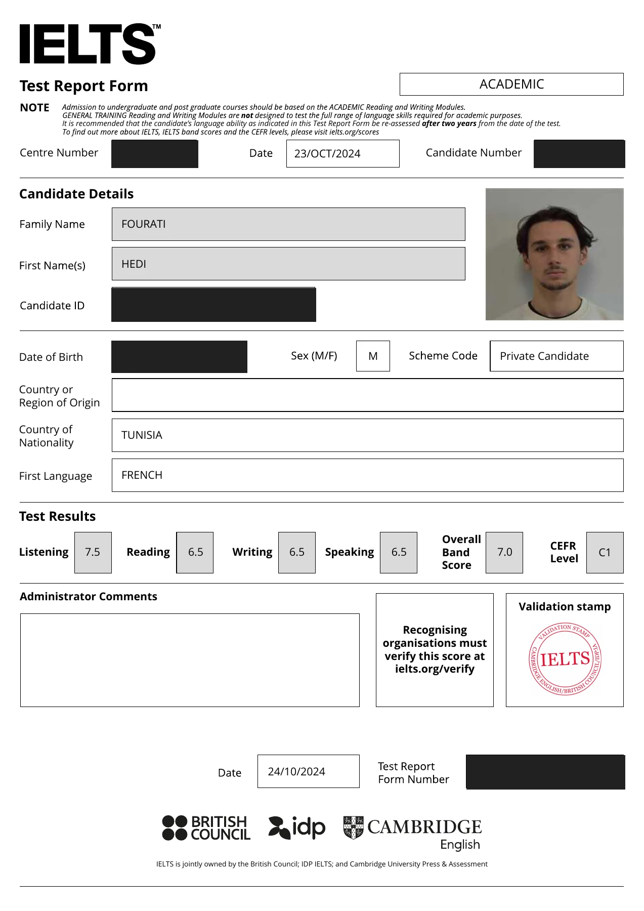 Redacted IELTS Academic report showing Hedi Fourati’s overall band score of 7.0 and CEFR C1 in October 2024