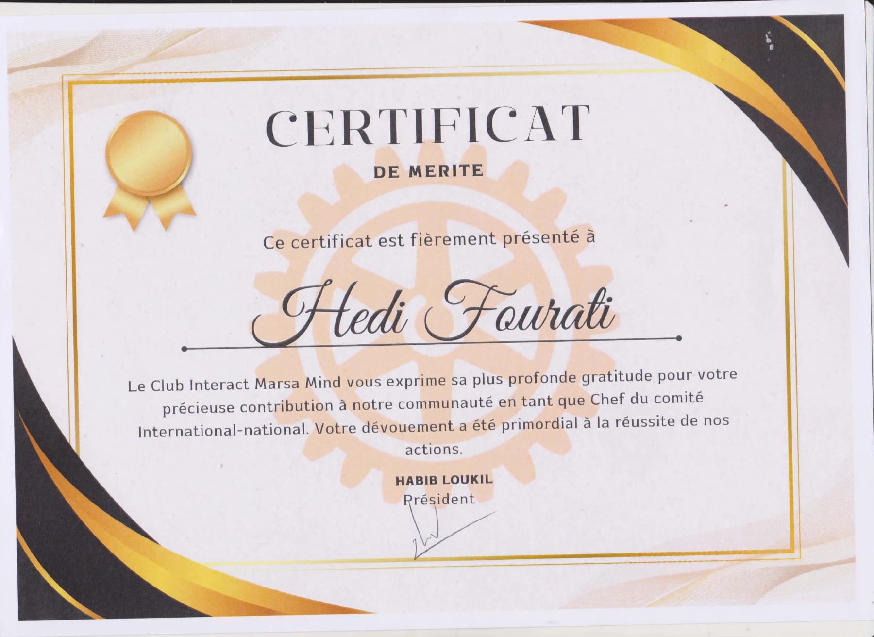 Interact Marsa Mind certificate recognizing Hedi Fourati as head of the International–National Committee