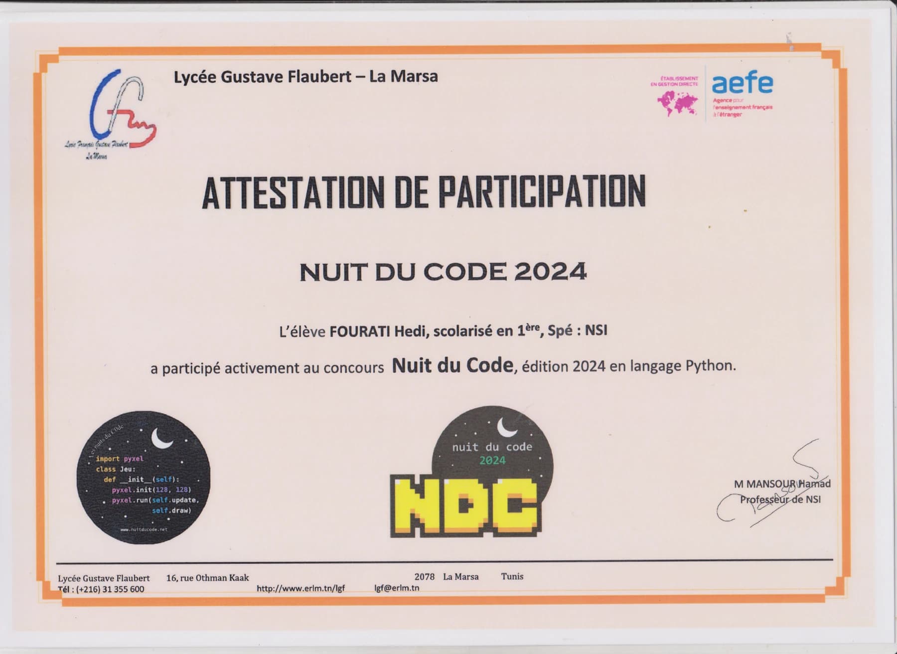 Hedi Fourati’s certificate of participation in Nuit du Code 2024 in Python