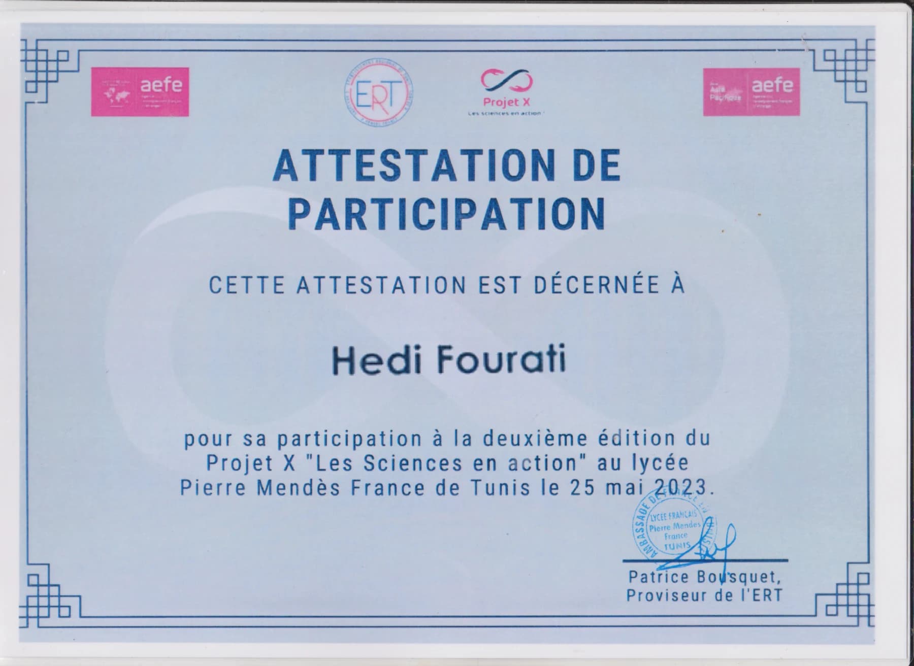 Hedi Fourati’s Projet X participation certificate dated 25 May 2023