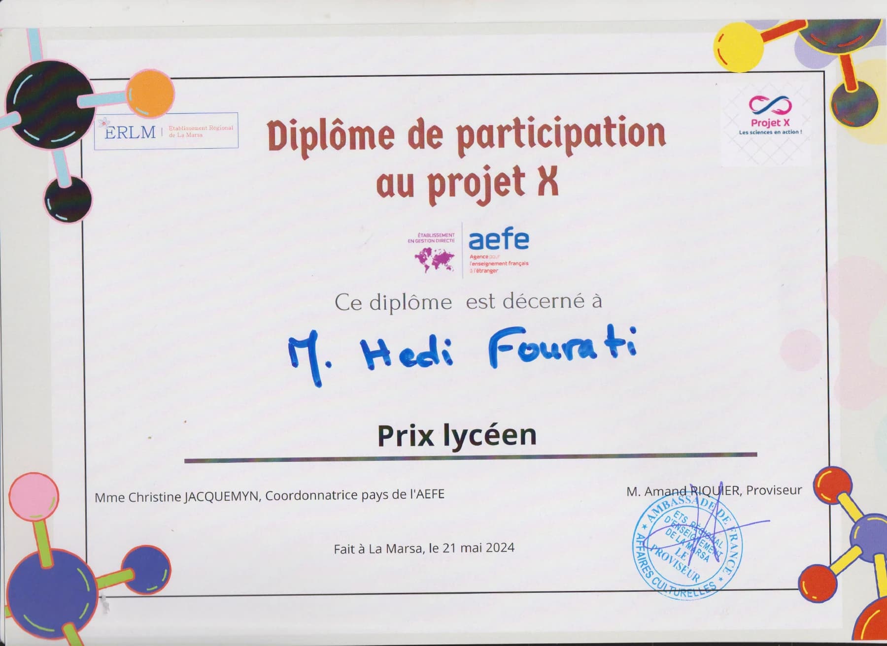Hedi Fourati’s Projet X certificate bearing the words Prix lycéen, dated 21 May 2024