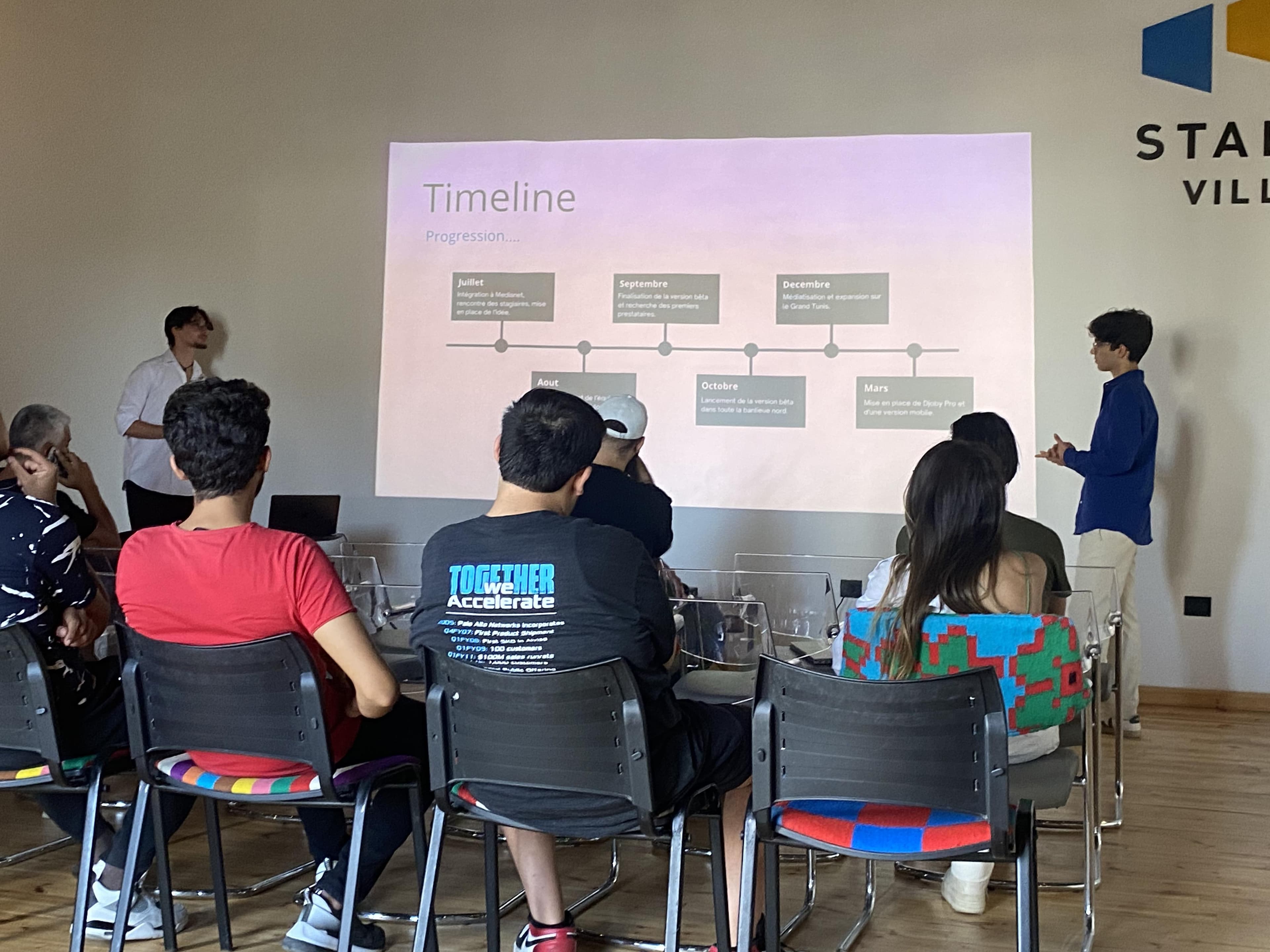 A group listening to a presentation with a projected timeline.