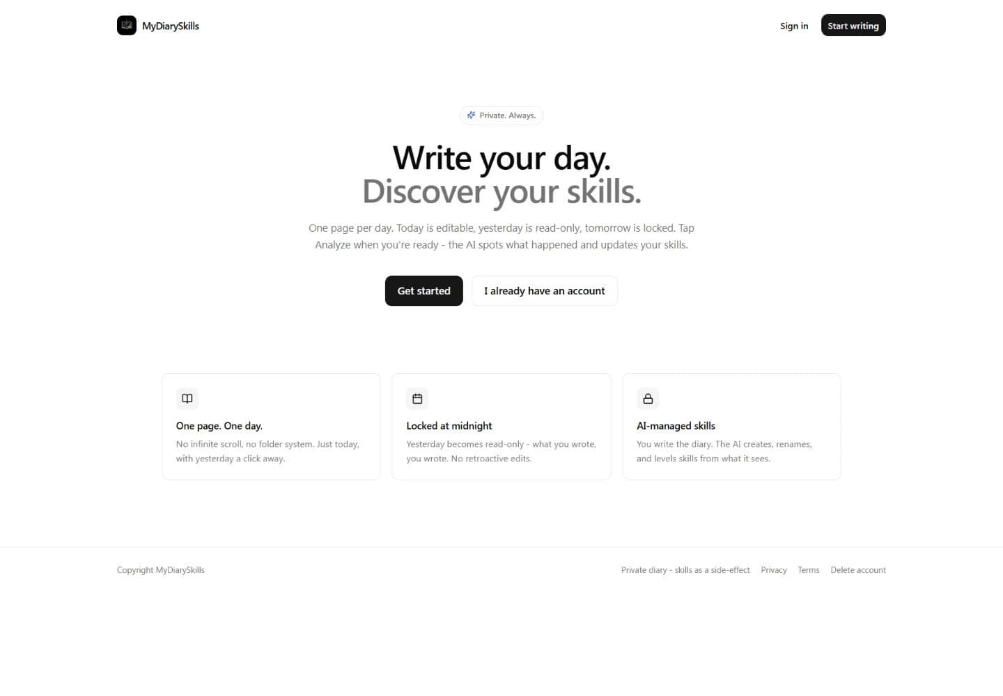 Homepage screenshot of MyDiarySkills