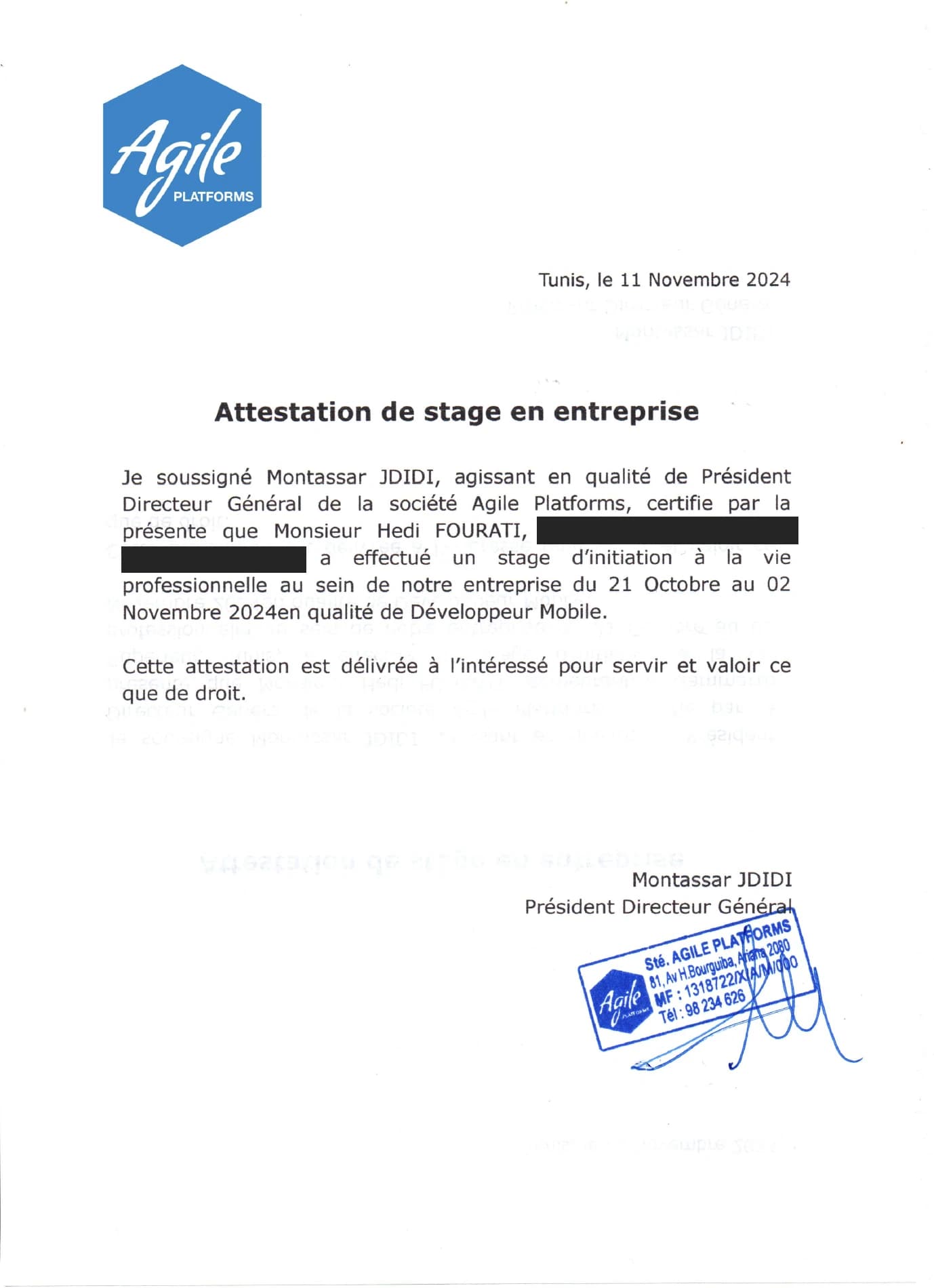 Agile Platforms certificate confirming Hedi Fourati’s mobile developer placement from 21 October to 2 November 2024