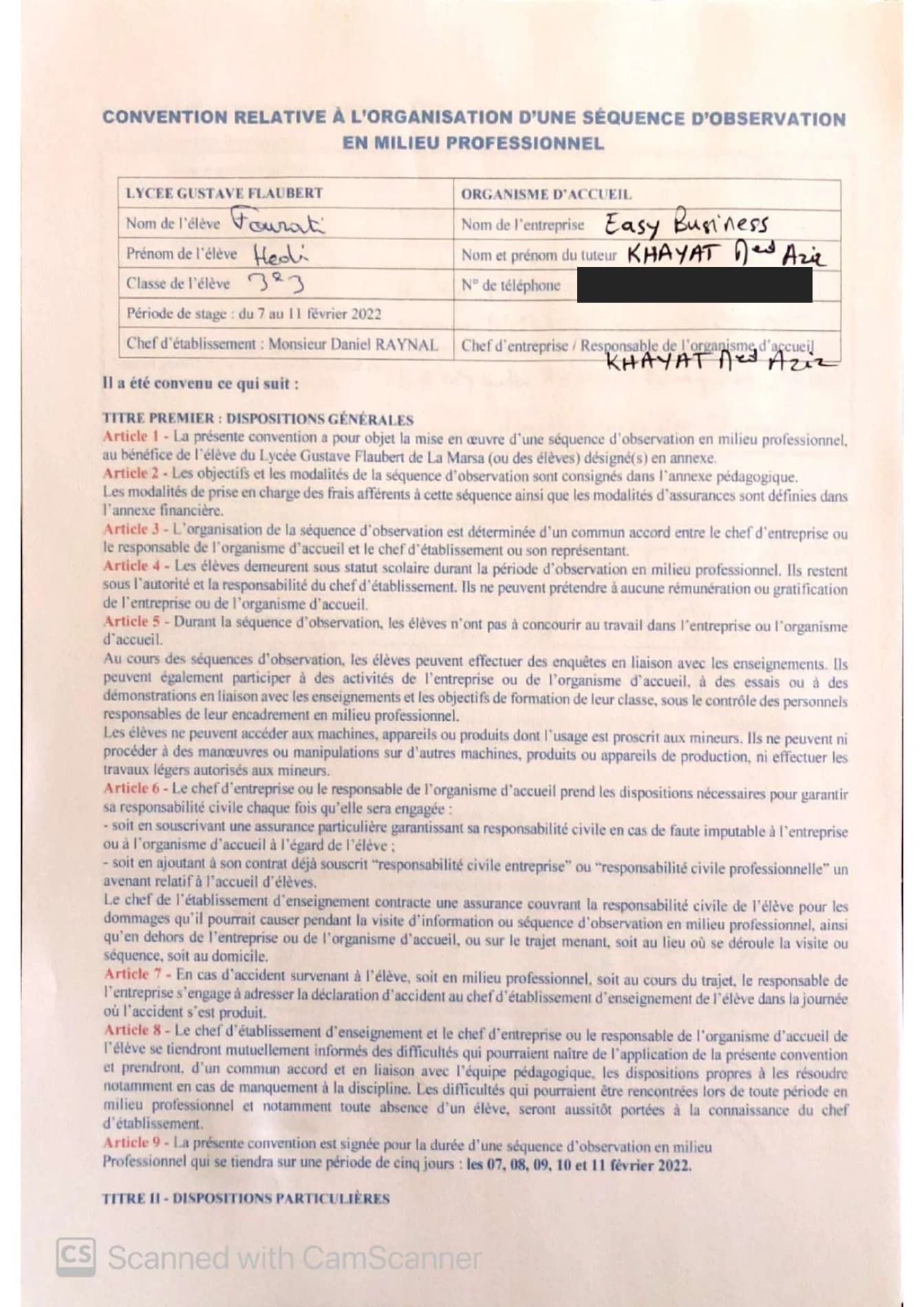 School observation placement agreement naming Easy Business and the planned dates of 7–11 February 2022