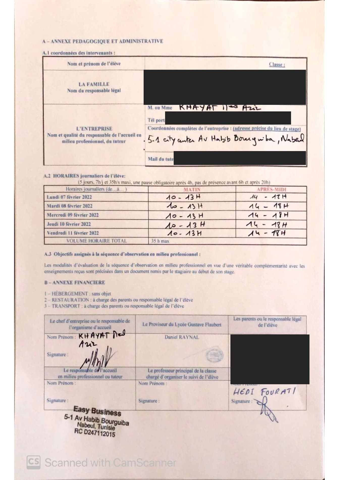 Administrative annex to Hedi Fourati’s Easy Business observation placement agreement
