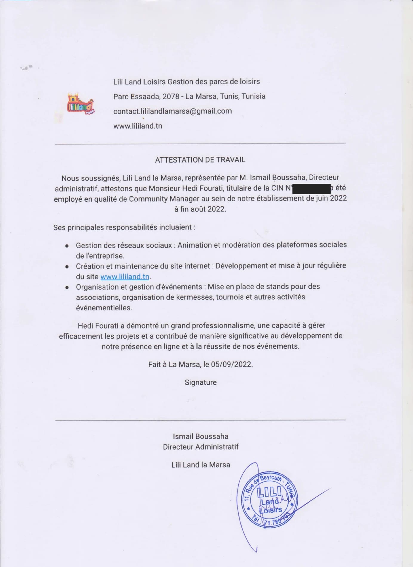 Lili Land employment certificate describing Hedi Fourati’s Community Manager responsibilities in summer 2022