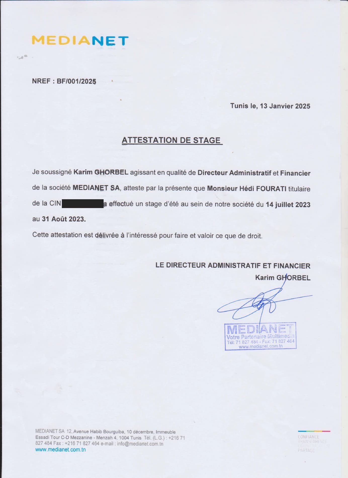 Medianet certificate confirming Hedi Fourati’s summer internship from 14 July to 31 August 2023
