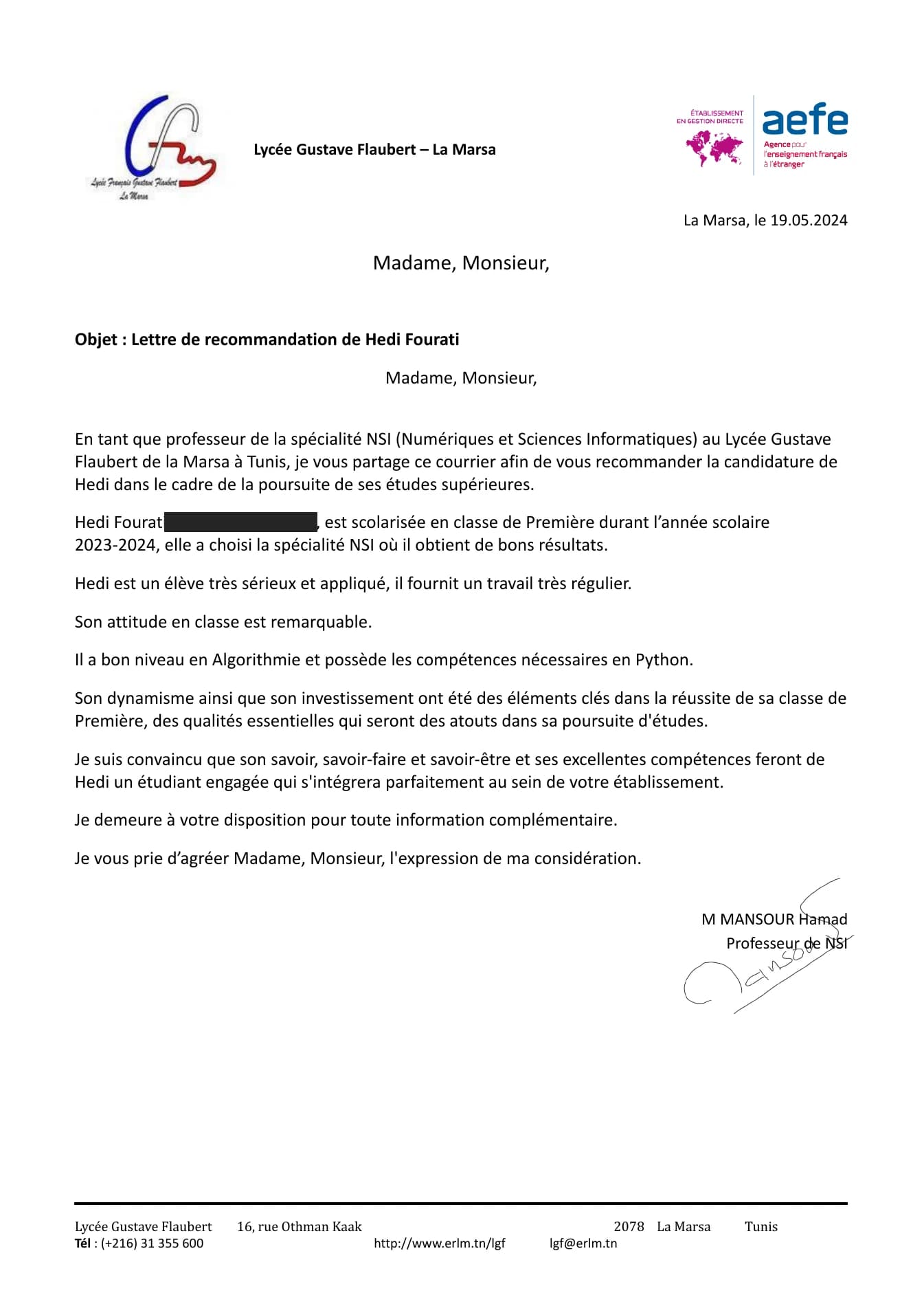 Hamad Mansour’s signed Computer Science recommendation for Hedi Fourati, dated 19 May 2024