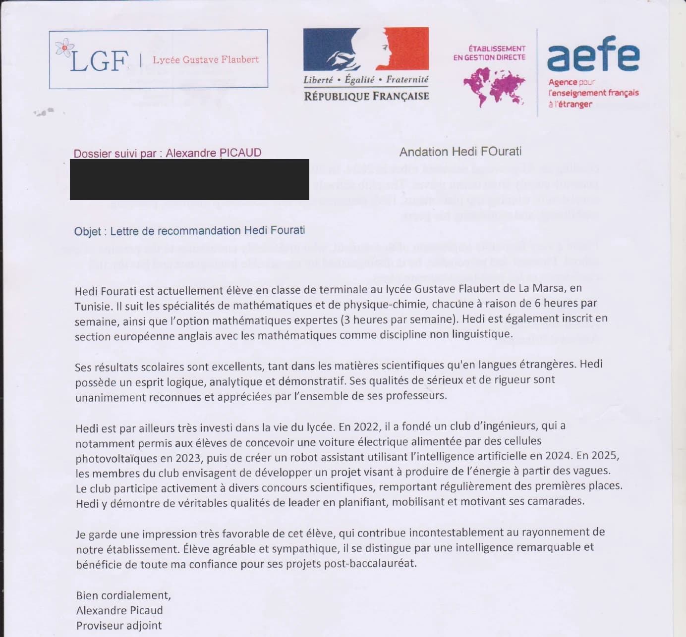 French text of Alexandre Picaud’s recommendation letter for Hedi Fourati